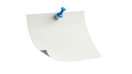 Blank white paper note with blue push pin isolated PNG, empty memo sheet for message or reminder on transparent background