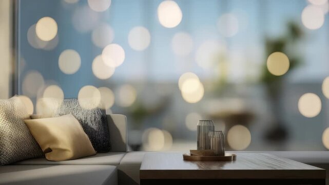 Modern cozy living room interior with soft pillows on a stylish sofa and a wooden coffee table, illuminated by warm bokeh lights. Elegant home decor creates a relaxing and inviting atmosphere