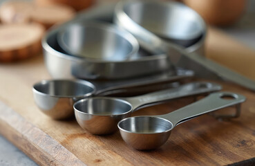 Stack of shiny metal measuring cups, spoons arranged on wooden cutting board. Kitchenware for accurate food preparation. Utensils for baking, cooking precise recipes. Studio still life arrangement.
