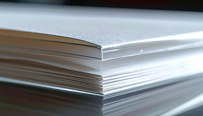 Pile of Papers: Close-up of a neat stack of pristine papers, capturing the crisp texture of paper, ready for writing or printing.