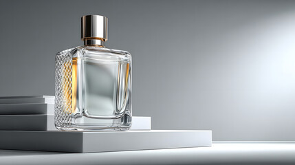 Minimalist square glass perfume bottle with silver cap positioned on white architectural block stairs under soft directional studio light