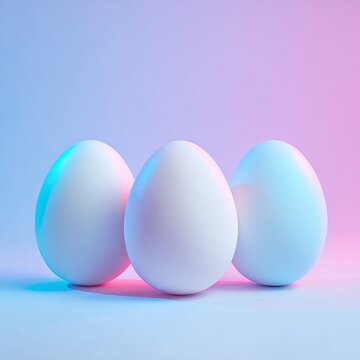 Three white eggs bathed in soft, neon blue and pink light