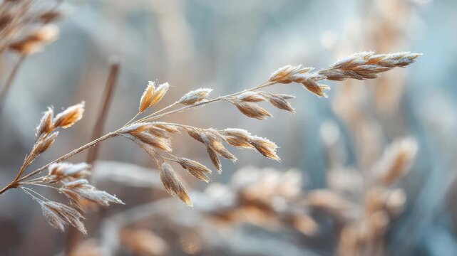 Delicate frosted wild grass stems glisten in soft morning sunlight, capturing the serene beauty of a cold winter landscape. Nature&rsquo;s tranquility is highlighted by gentle frost crystals