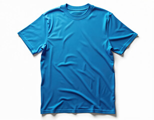 Plain blue t-shirt laid flat on white background. Ready for custom print design graphic or logo mockup. Short sleeve crew neck garment offers copy space.