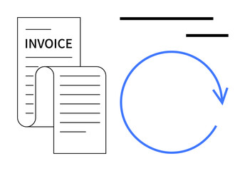 Recurring payments, financial management, business finance, transactions, accounting, bookkeeping. Invoice next to a blue circular arrow. Recurring payments and financial management theme