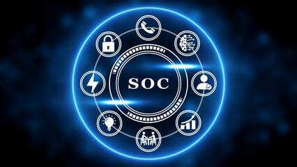 Security Operations Center SOC concept with technology icons in a digital circle cybersecurity network security