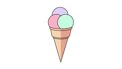 Single Waffle Ice Cream Cone with Three Colorful Scoops Vector Illustration