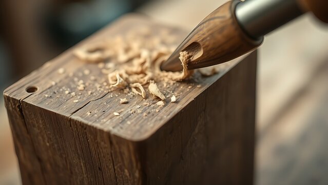gouge. Close-up of a wooden block being carved, fine shavings curling from the tool. safety posters, maintenance manuals, designed for industrial assembly lines and welding operations. - Powered by Adobe