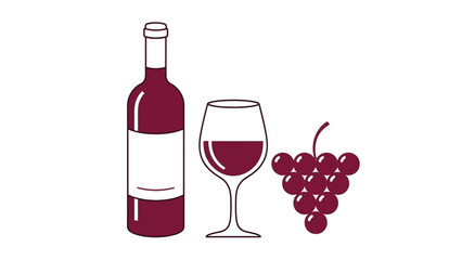Obraz premium Red Wine Bottle with Glass and Grapes Vector Illustration Isolated on White