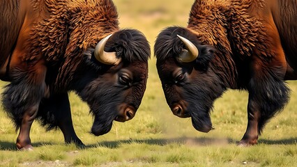 standoff. Two bison in a tense standoff on a grassy plain, dust kicked up. wildlife magazines, conservation campaigns, designed for nature documentaries and education, used by performance marketers.