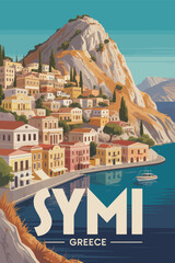 Symi island greece travel poster, capturing the scenic harbor, hillside white houses, colorful facade details, mediterranean coastal charm, and a classic vintage travel aesthetic.