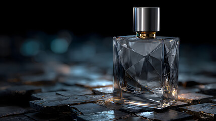 Geometric crystal perfume bottle with silver and gold accents on a dark, textured stone surface, conveying mystery and elegance