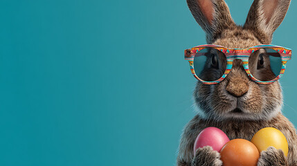 Rabbit wearing colorful sunglasses holding Easter eggs Keywords: Easter bunny, rabbit