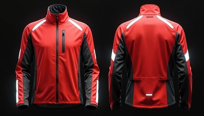 Red and black cycling jacket with reflective stripes for visibility. Features front zipper, collar, pockets, and durable fabric for outdoor activities. Ideal for cyclists and runners.