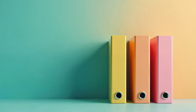 Three colorful binders stand on shelf against two tone wall. Yellow, orange, pink office supplies organize paperwork. Clean background for modern business or education themes.