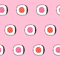 Cute seamless food pattern with sushi rolls on a pink background, traditional dish of Japan, Asia; simple hand-drawn vector illustration, drawing, flat style