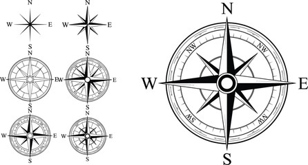 Black and white compasses with directional labels and arrows north © Mokarrm Art