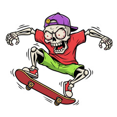 Cartoon Handdrawn Skeleton on Skateboard Illustration with Grunge Style Elements