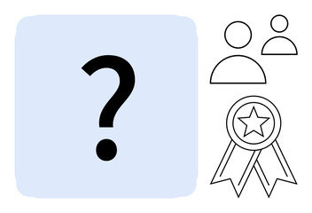 Decision-making, recognition, problem-solving, leadership, team collaboration, achievement. Question mark, two user icons award ribbon. Decision-making and recognition concept