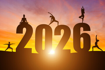 Happy New Year Numbers 2026, Silhouette woman practicing yoga early morning sunrise over the horizon background, Health and Happy new year concept.