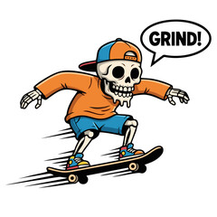 Fun Cartoon Character Skeleton Skateboarding Illustration with Grind Word in Speech Bubble