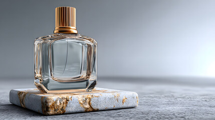 Minimalist clear glass perfume bottle with smooth gold cap atop weathered stone slab in muted setting