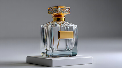 Ornate perfume bottle with a patterned gold cap and a plain gold label, displayed on a sleek white pedestal, luxury branding