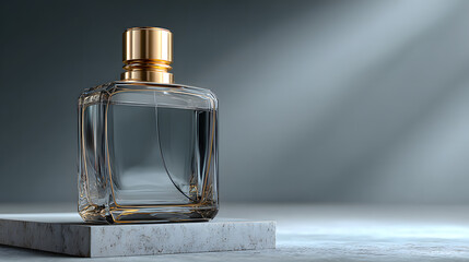 Rectangular clear glass perfume bottle with subtle golden lines, resting on a minimalist white stone surface, clean product shot