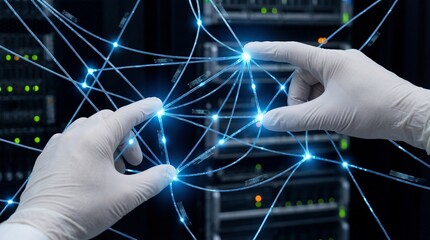 A businessman's hand touches a virtual digital screen, connecting a global computer network through a futuristic tablet interface to represent the world of modern communication and internet technology