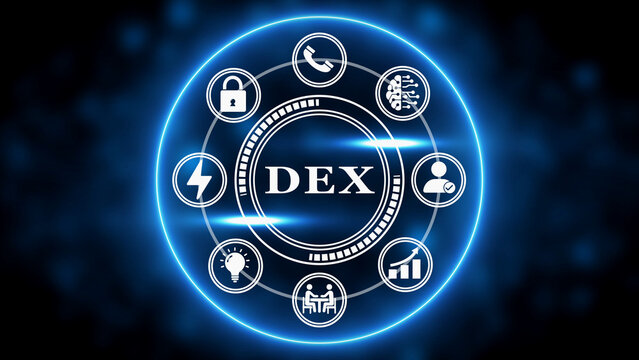 Digital circular interface with DEX text and icons for decentralized exchange concepts crypto cryptocurrency