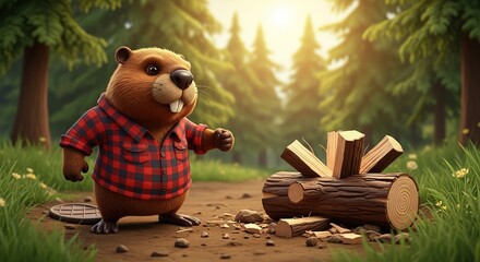 Cheerful animated beaver in plaid shirt pointing while standing near stacked logs in sunny woodland forest scene