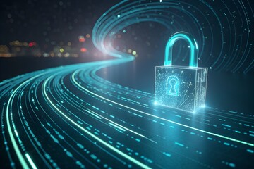 Cybersecurity concept: a glowing padlock protecting a futuristic digital data highway