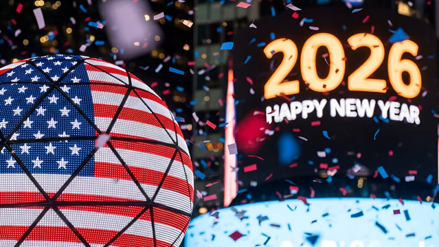 The iconic American flag-themed New Year's Eve ball descends in Times Square signaling the exciting arrival of the year 2026.