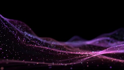 Abstract digital landscape with glowing particles and flowing lines in vibrant purple and pink hues against a dark background representing data visualization and technological innovation