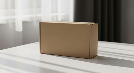 A light beige cardboard box sits on a white table,  illuminated by natural light from a window.  Soft, white curtains and dark drapes are visible in the background
