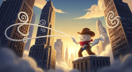 Cheerful animated cowboy mascot with lasso on urban skyscraper rooftop during golden sunset in vibrant city environment