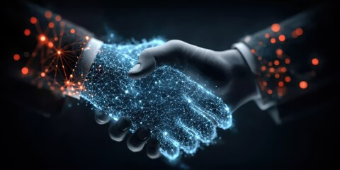 A digital handshake merging partnership collaboration and business innovation through an unbreakable connection of agreements
