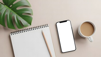 A smartphone coffee and notepad on a table with a plant