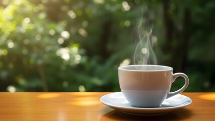 Obraz premium Steaming cup of coffee on a wooden table in a serene outdoor setting