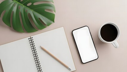 A minimalist workspace with a smartphone coffee notebook and plant