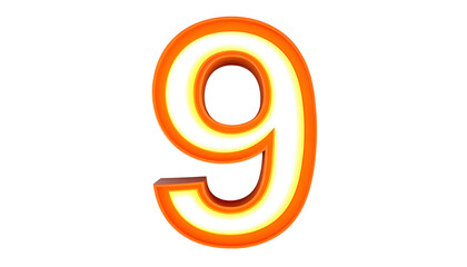 A glowing, stylized number nine, rendered with a gradient from fiery orange to bright white. The background is solid black, emphasizing the luminous effect