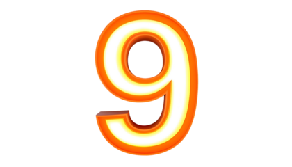 A glowing, stylized number nine, rendered with a gradient from fiery orange to bright white. The background is solid black, emphasizing the luminous effect