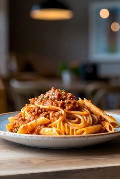 Mixed Pasta with Meat Bolognese Sauce and Penne Spaghetti on Plate