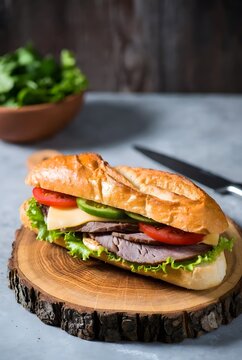Roast Beef Sandwich on Crusty Baguette with Cheese, Tomato and Lettuce