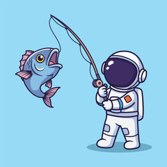 Fototapeta premium Cute Cartoon Astronaut Fishing a Big Blue Fish Vector Illustration