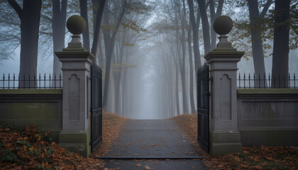 Foggy cemetery gate with stone pillars and iron fence leading into misty tree alley