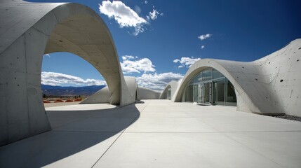 Fototapeta premium Modern Architectural Structure with Unique Curved Design against a Blue Sky and Dramatic Cloud Formation in an Outdoor Environment
