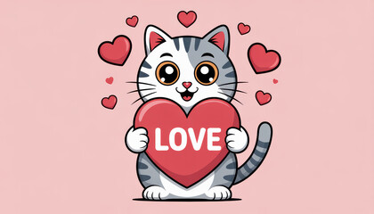 Cute gray tabby cat holding heart sign love surrounded by floating hearts, playful affection
