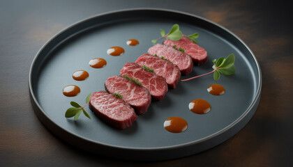 Luxury beef slices plated with reduced sauce dots and microgreens, elegant food styling