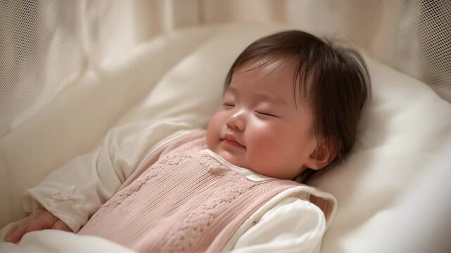淡い桃色の衣で眠る赤ちゃんの柔らかな寝姿